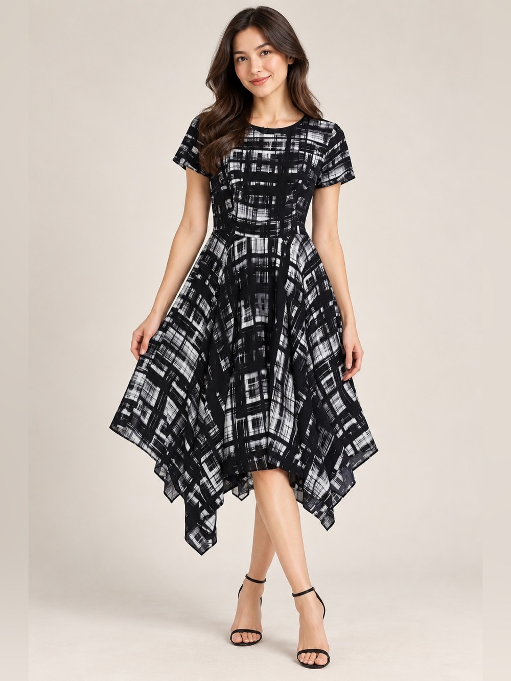 Anthropology Corey Lynn Calter Black & White Plaid Handkerchief-Hem Dress S-0